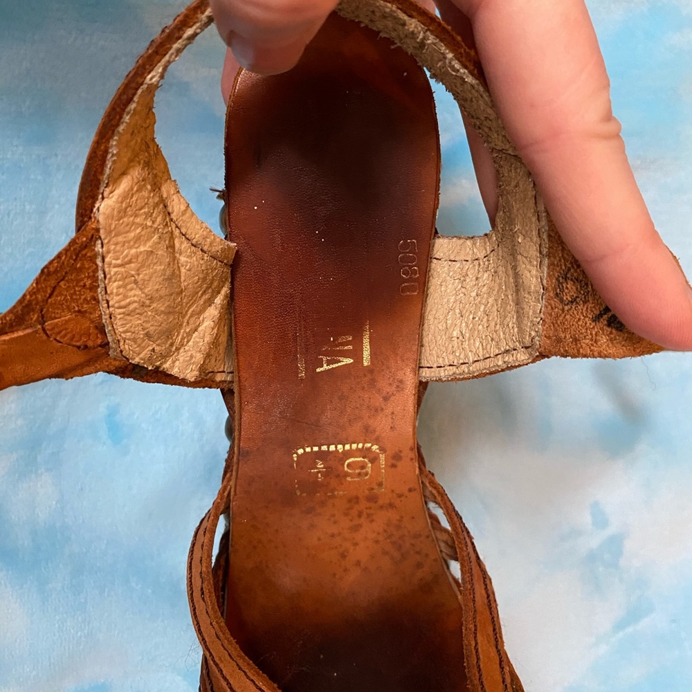 Vintage 70s 6.5 Wooden Platform Heels Sandals Leather 1970s Hippie Cher Disco - Picture 11 of 12